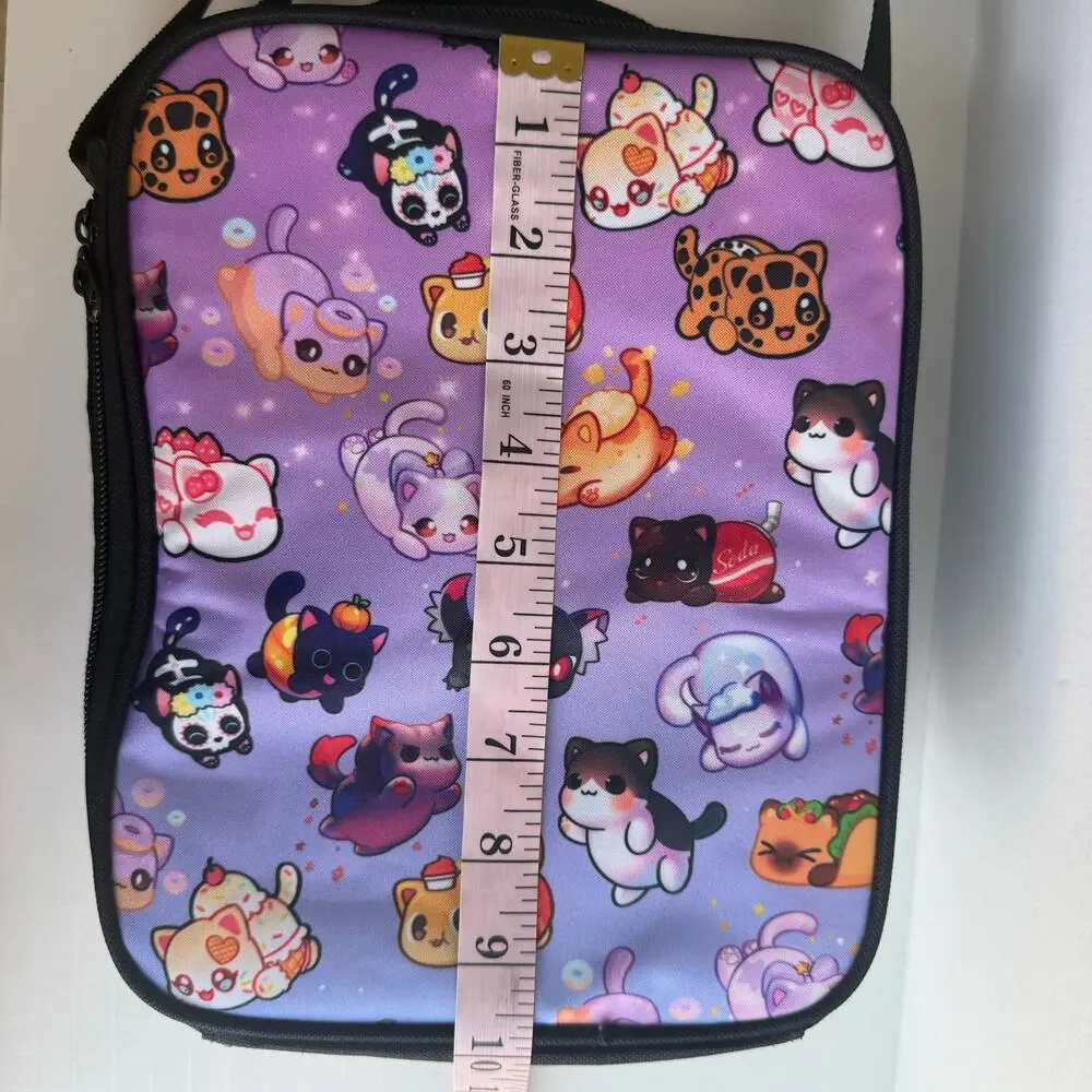Kawaii Cat Insulated Lunch Bag Purple Crossbody w Matching Pouch New